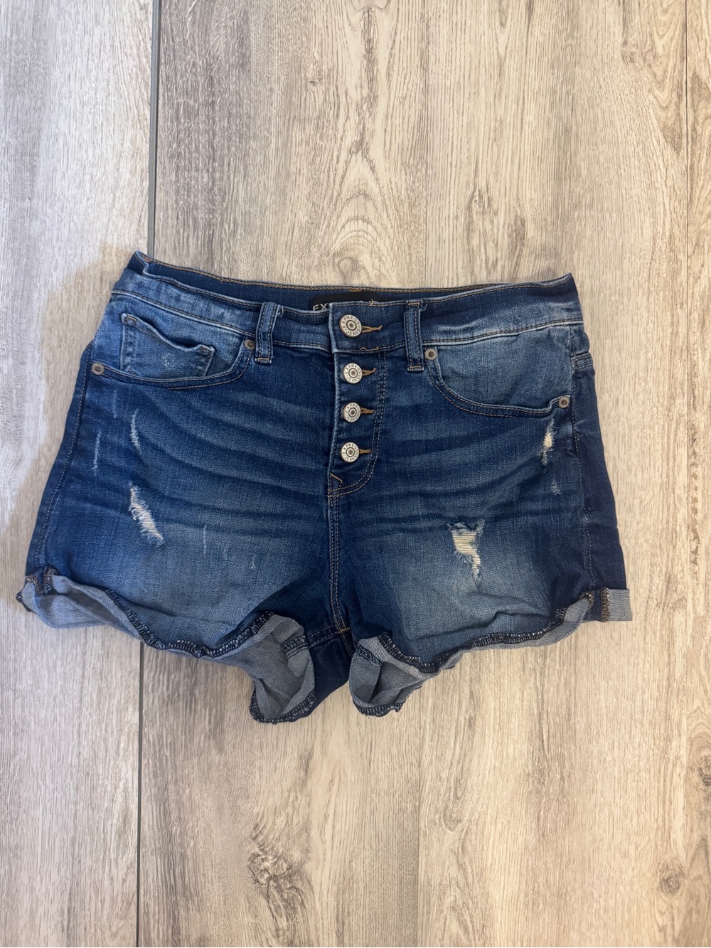 Express Dark Blue Distressed Button-Fly Denim Shorts